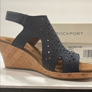 Rockport Women's Briah Hood Slingback Navy Leather Wedge Sandals - Size 6